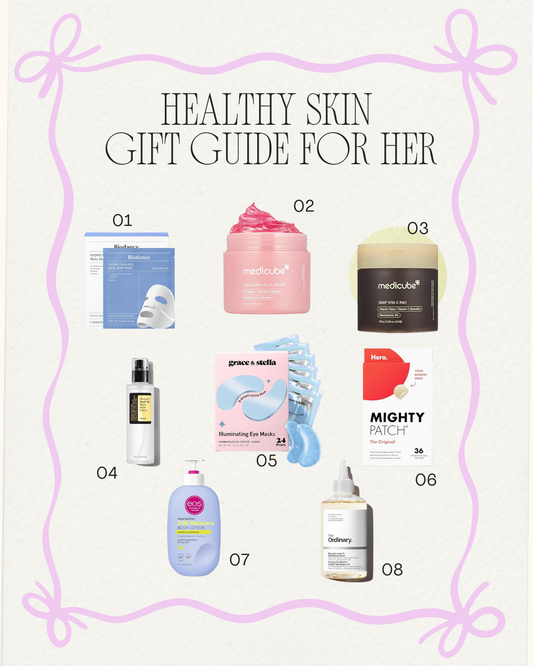 Skincare gift guide for her featuring hydrating masks, collagen cream, vitamin C pads, snail mucin, eye masks, acne patches, body lotion, and glycolic acid toner.