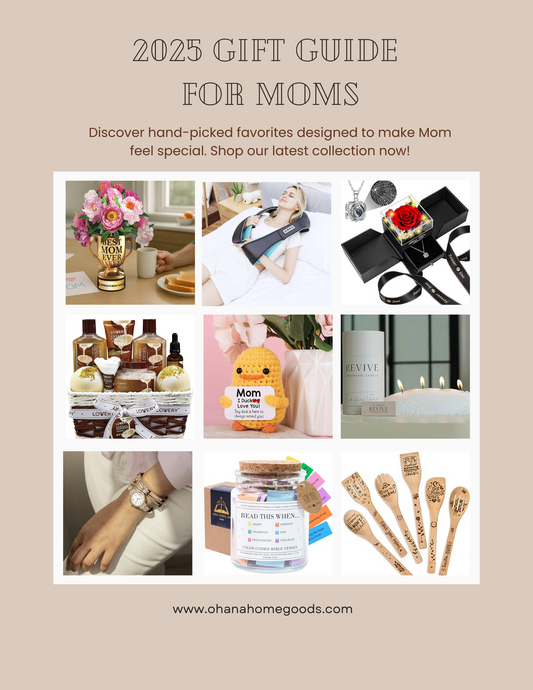 2025 Mother’s Day gift guide featuring thoughtful gifts for moms—flower bouquet trophy, neck massager, rose jewelry box, spa basket, crochet plush, Revive candle, elegant watch, Bible verse jar, and engraved wooden spoons.